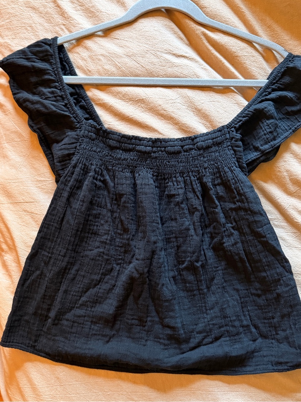 Off-Shoulder Black Smocked Yoke Blouse